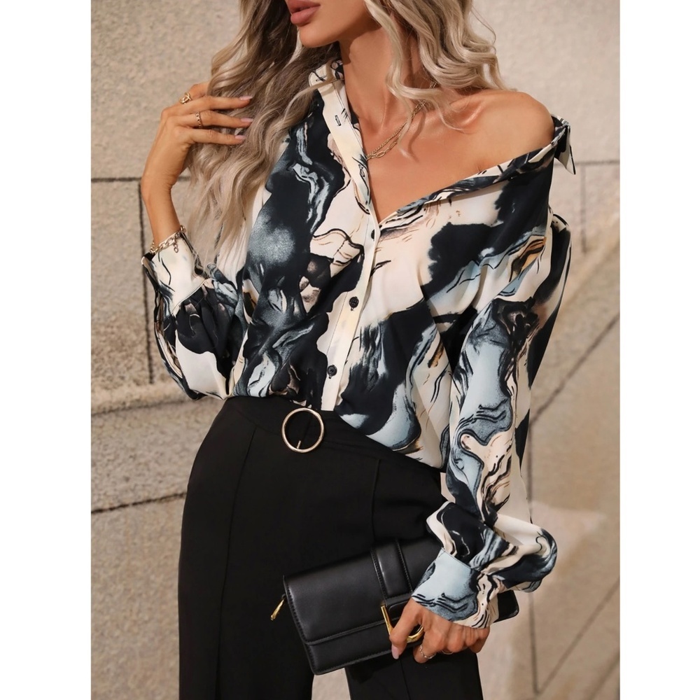 Marble Print Button Down Collared Long Sleeve Shirt Top Gray Beige